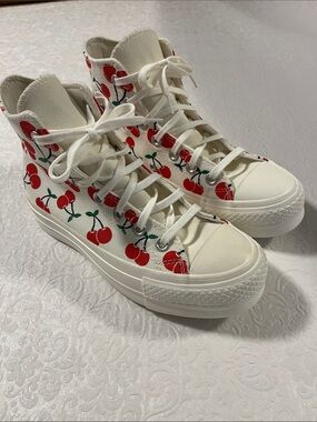 Converse High Top Sneakers in Cream with Red Cherry Print